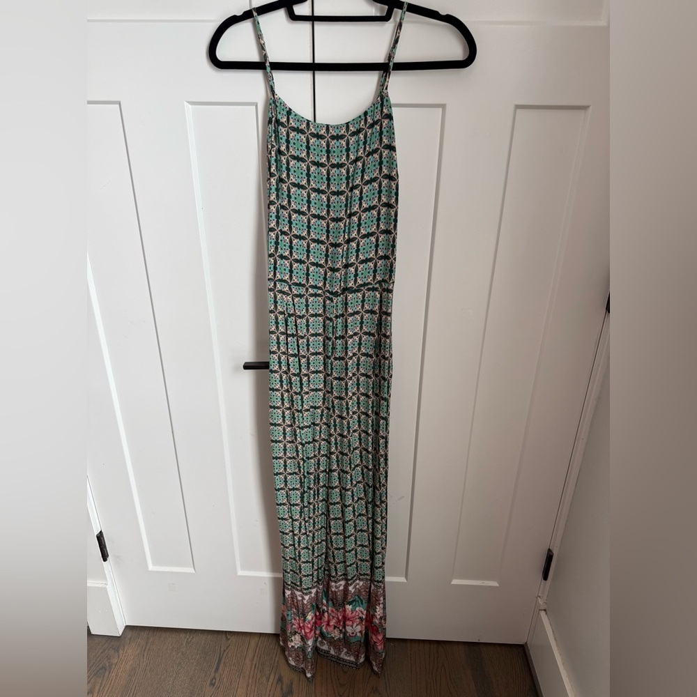 Farm Rio Honolulu Wide Leg Pant Jumpsuit with green and white geometric print. S - Picture 5 of 8